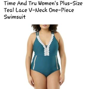 Teal and lace plus size swim suit
